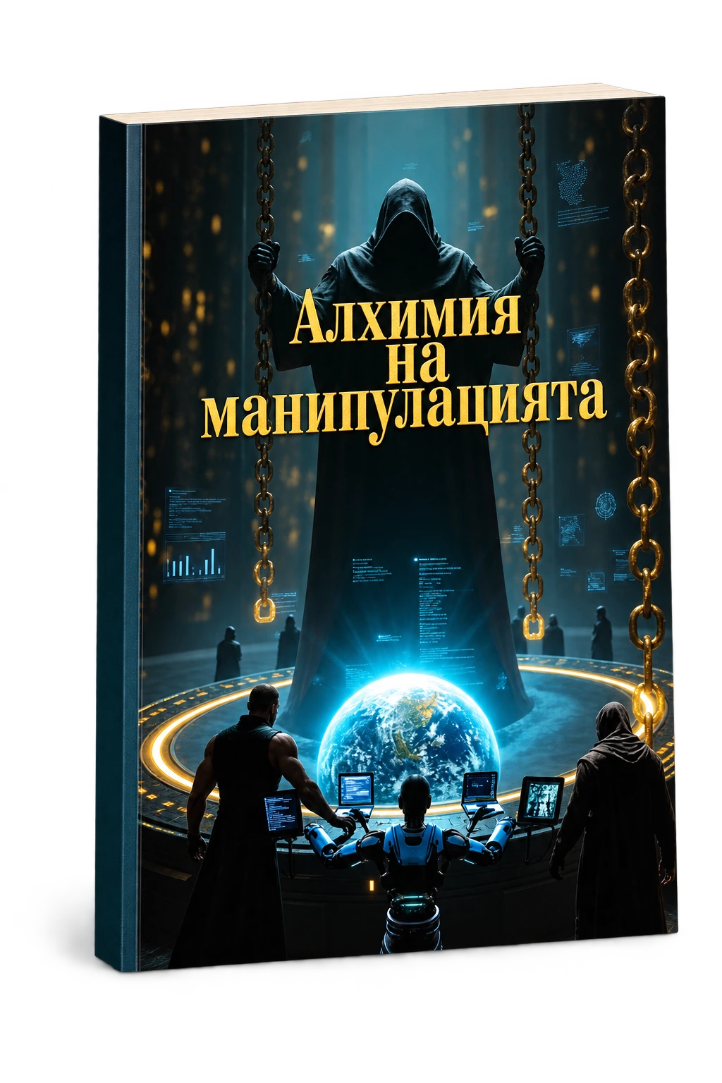 Мокъп на Алхимия на манипулацията — избраната тъмносиня корица с фигура с качулка, вериги, Земята и златно заглавие.