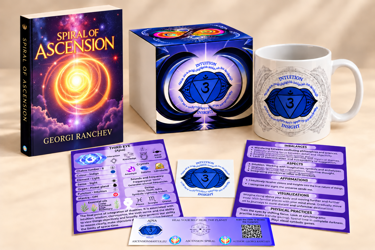 Ajna — Book, mug, flyer, QR card and box 2