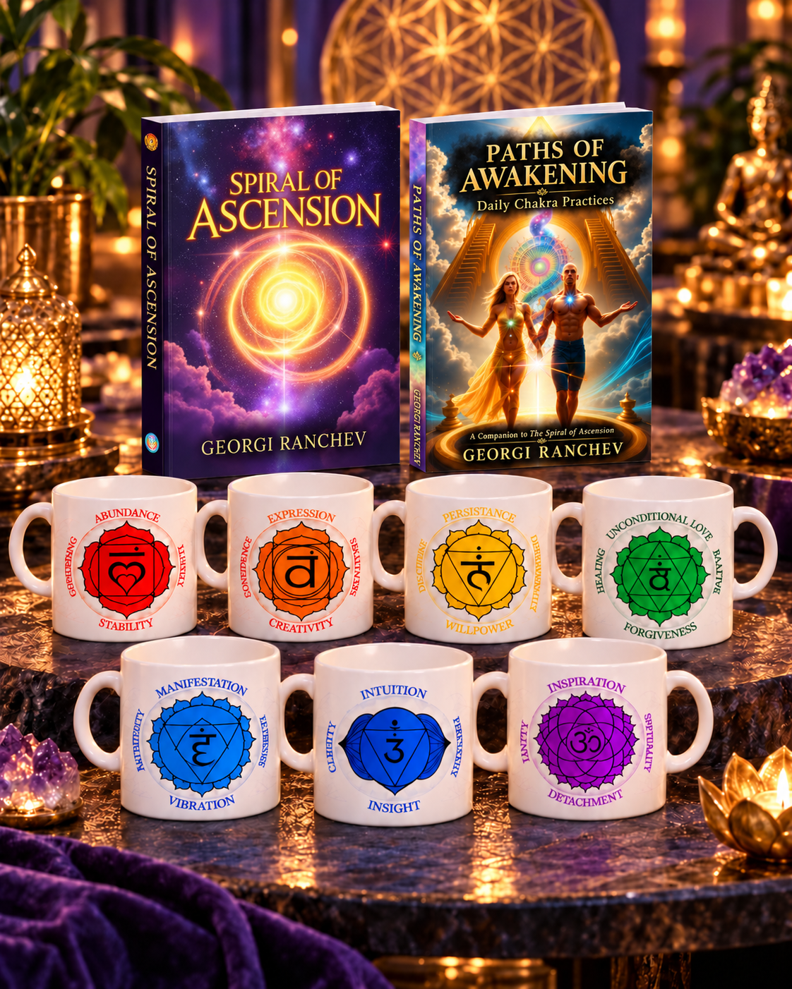 Spiral of Ascension, Paths of Awakening — Daily Chakra Practices and all seven chakra mugs in one combined product scene