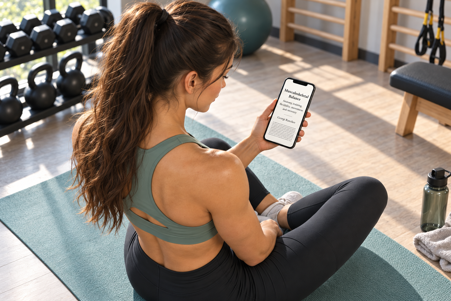 Viewed from above the reading shoulder: An athletic brunette stretches on a mat and reads the book on a naturally sized small smartphone in one hand.