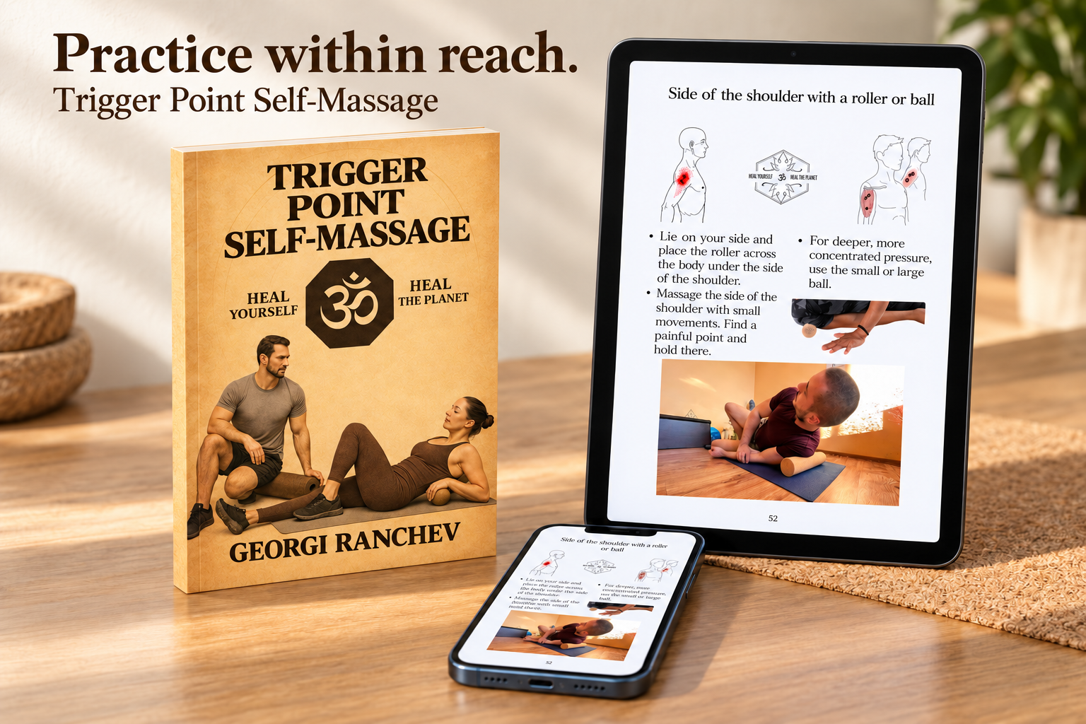 Product mockup of Trigger Point Self-Massage: a book with the original golden cover and page 52 on a tablet and phone.