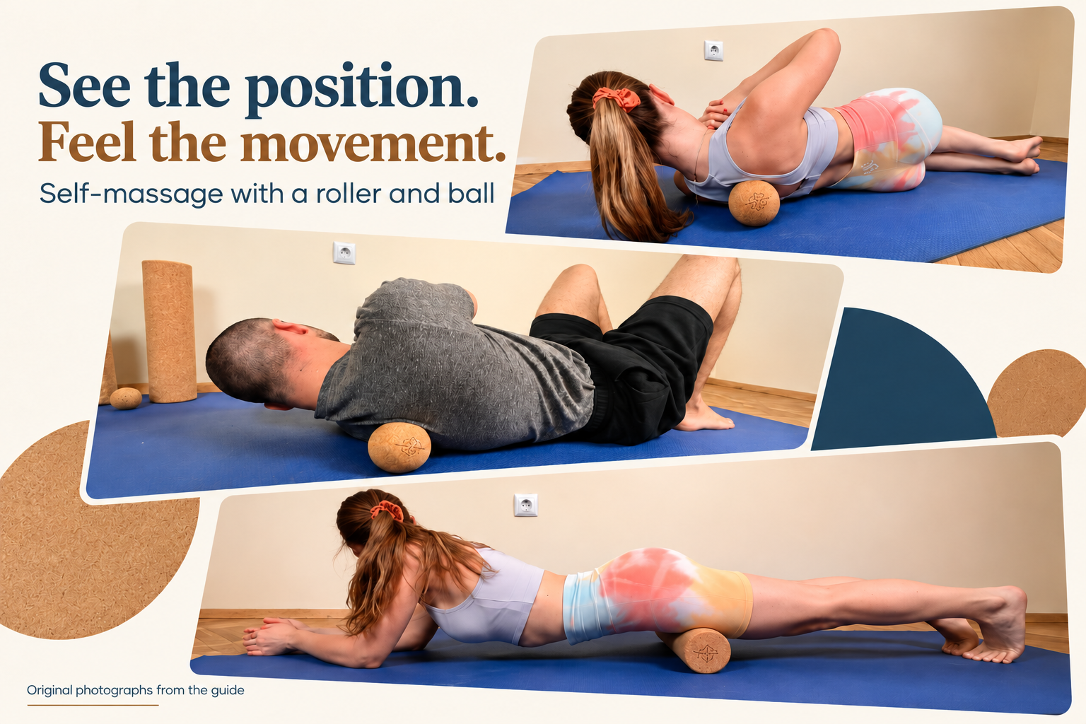 Self-massage with a roller and a ball: a promotional composition based on three original photographs from the guide.