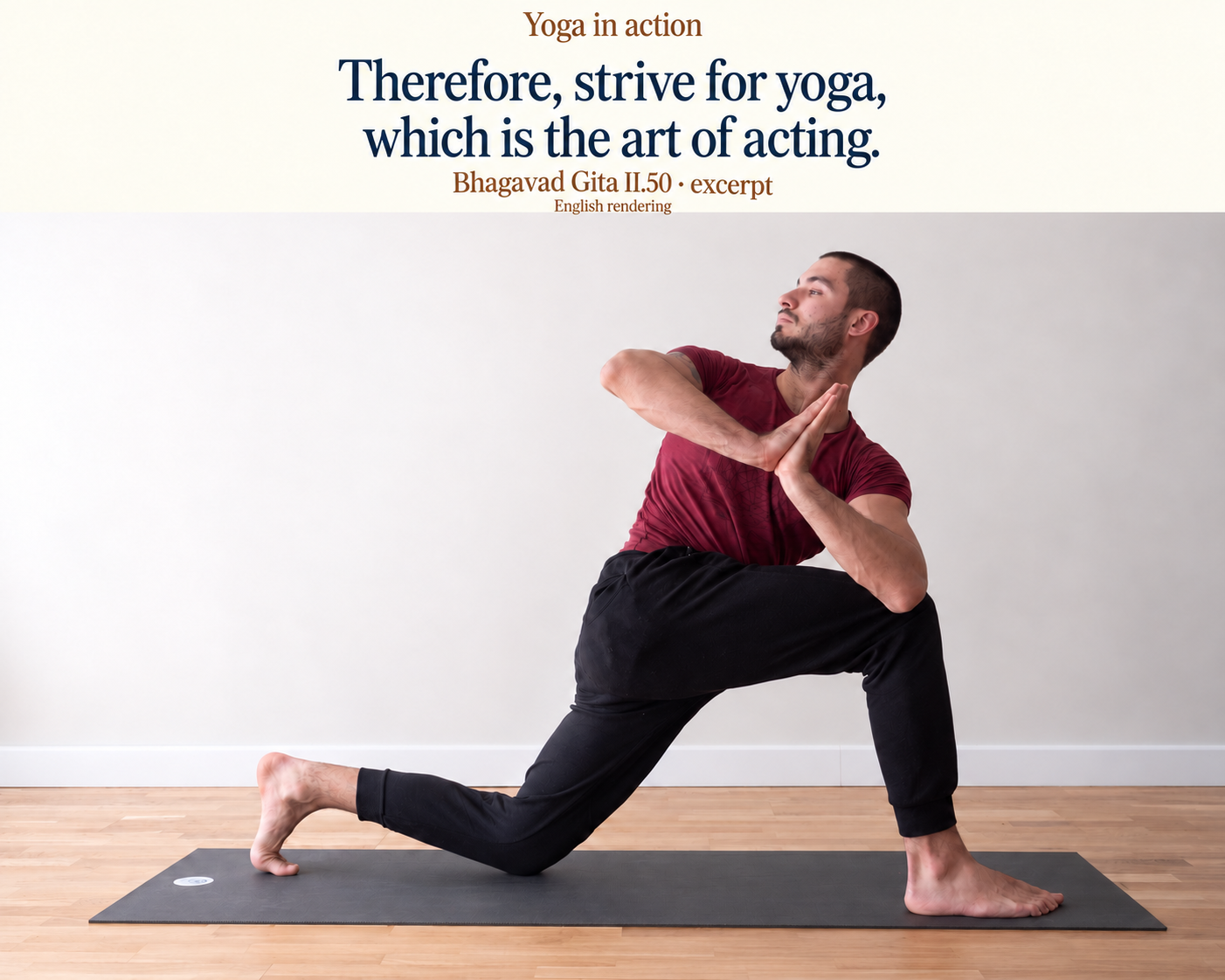 Georgi Ranchev in a twisting low-lunge yoga posture.