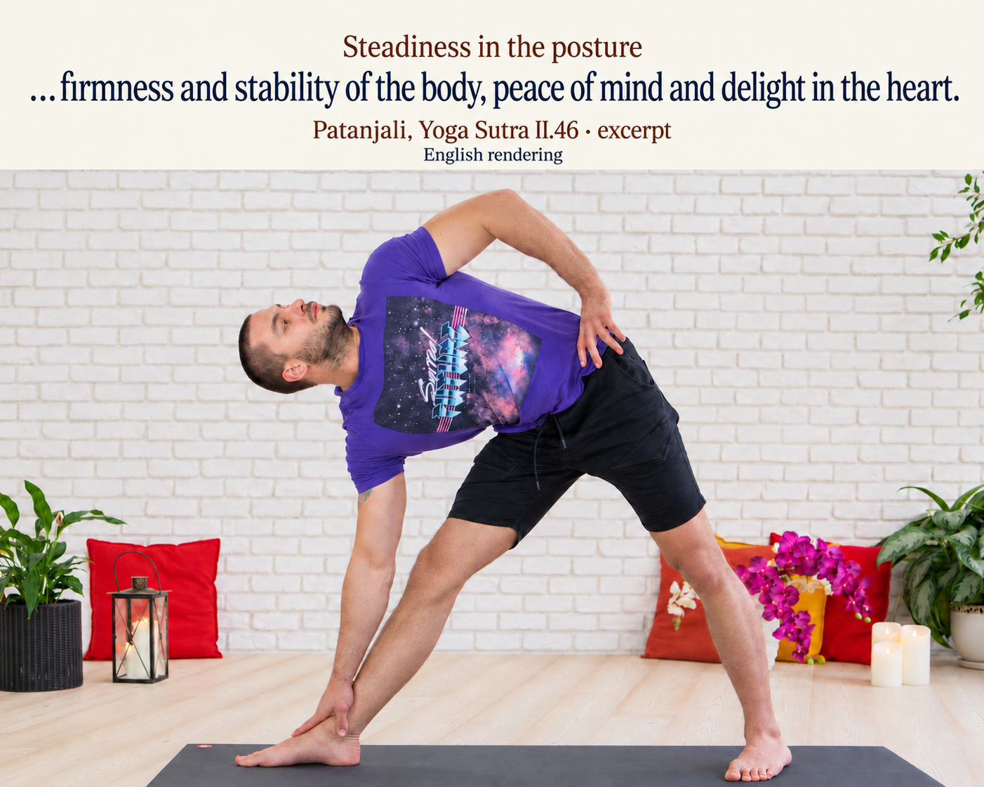 Georgi Ranchev in a standing side-bending yoga posture.